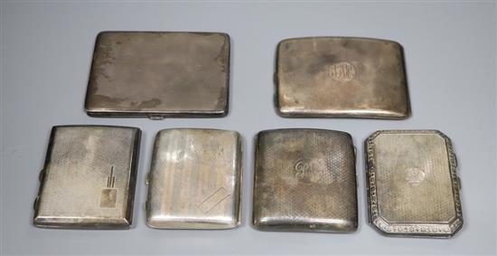 Six assorted silver cigarette cases, largest 11.4cm, gross 21 oz.